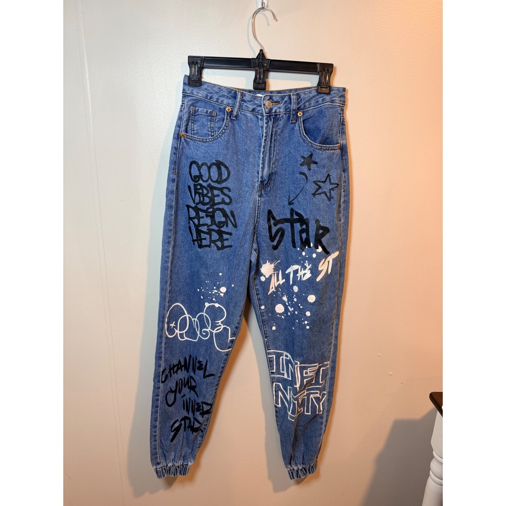 SONG Graffiti Jogger Jeans Women's Size 3/26 Blue Denim Elastic Waist Art - Picture 2 of 10